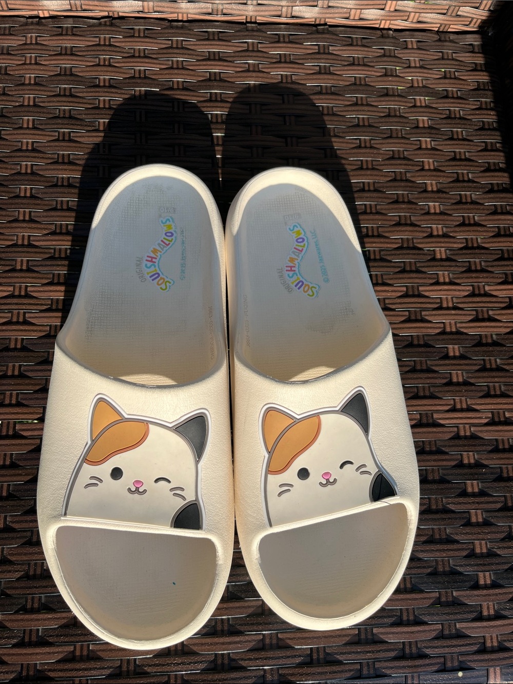 Squishmallow Cream Cat Slide Sandals with Calico Cat Accent